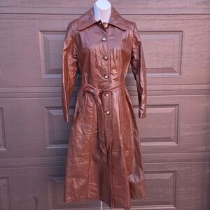 Vintage 70s Leather Attic Brown Trench Coat Faux Fur Zip Pile Liner Canada 7/8